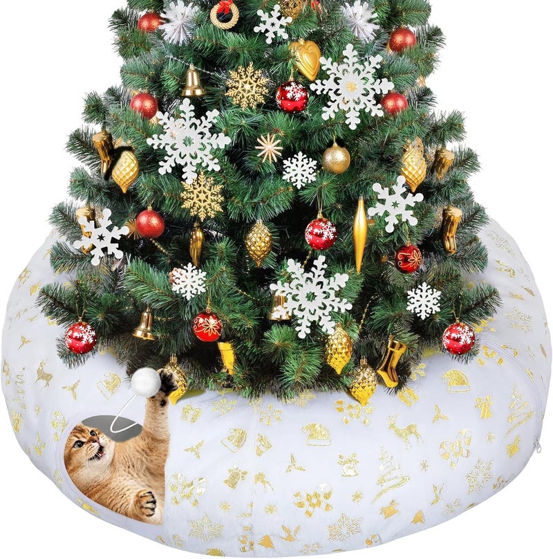 Beeplove Cat Tunnel Christmas Tree Skirt - White & Golden Cat Donut Bed, Christmas Tree Protector from Cats, Xmas Cat Gifts Accessories - Image 1